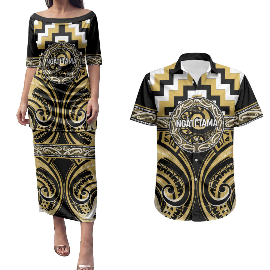 Aotearoa Ngati Tama Personalised Couples Matching Puletasi and Hawaiian Shirt Maori Iwi Poutama Puhoro Tattoo LT14 Yellow - Polynesian Pride