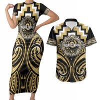 Aotearoa Ngati Tama Personalised Couples Matching Short Sleeve Bodycon Dress and Hawaiian Shirt Maori Iwi Poutama Puhoro Tattoo LT14 Yellow - Polynesian Pride