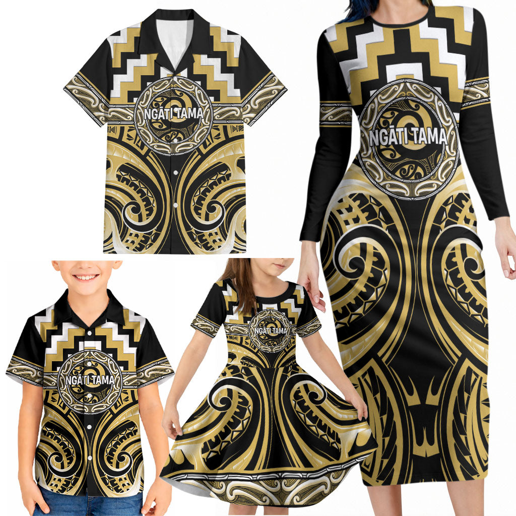 Aotearoa Ngati Tama Personalised Family Matching Long Sleeve Bodycon Dress and Hawaiian Shirt Maori Iwi Poutama Puhoro Tattoo LT14 - Polynesian Pride
