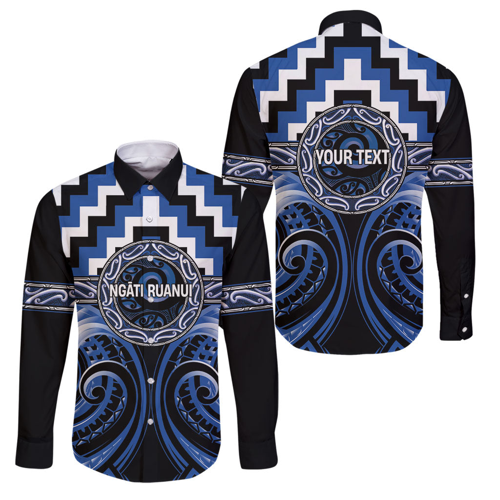 Aotearoa Ngati Ruanui Personalised Family Matching Mermaid Dress and Hawaiian Shirt Maori Iwi Poutama Puhoro Tattoo LT14 Dad's Shirt - Long Sleeve Blue - Polynesian Pride
