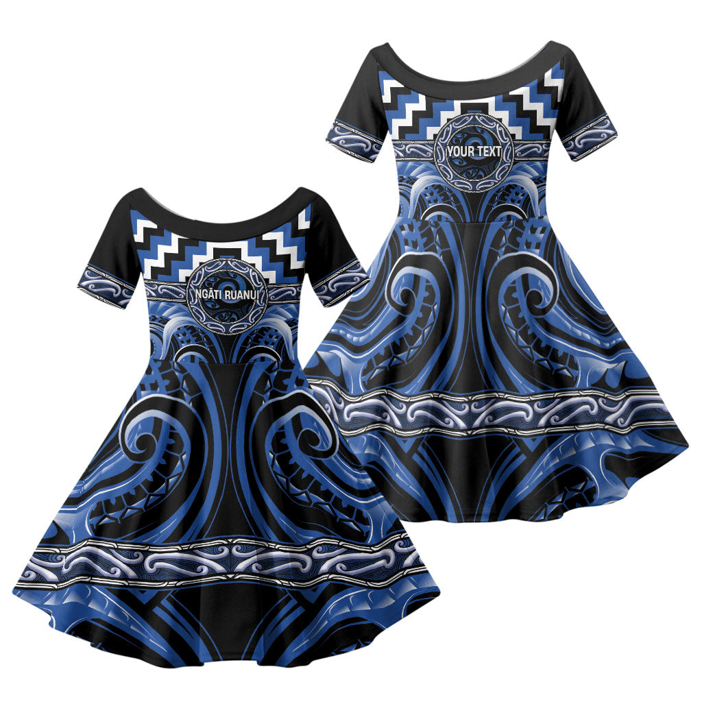 Aotearoa Ngati Ruanui Personalised Family Matching Off The Shoulder Long Sleeve Dress and Hawaiian Shirt Maori Iwi Poutama Puhoro Tattoo LT14 Daughter's Dress Blue - Polynesian Pride