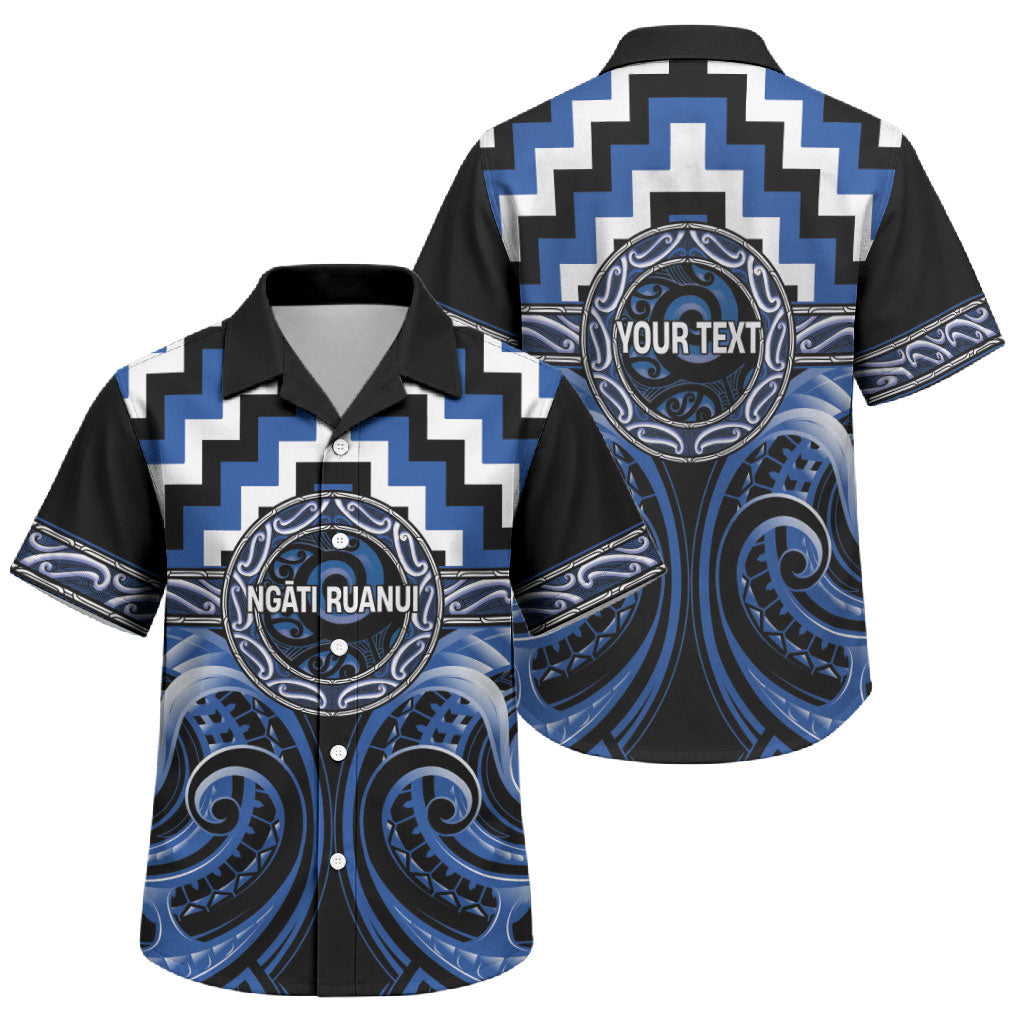 Aotearoa Ngati Ruanui Personalised Family Matching Off The Shoulder Long Sleeve Dress and Hawaiian Shirt Maori Iwi Poutama Puhoro Tattoo LT14 Son's Shirt Blue - Polynesian Pride