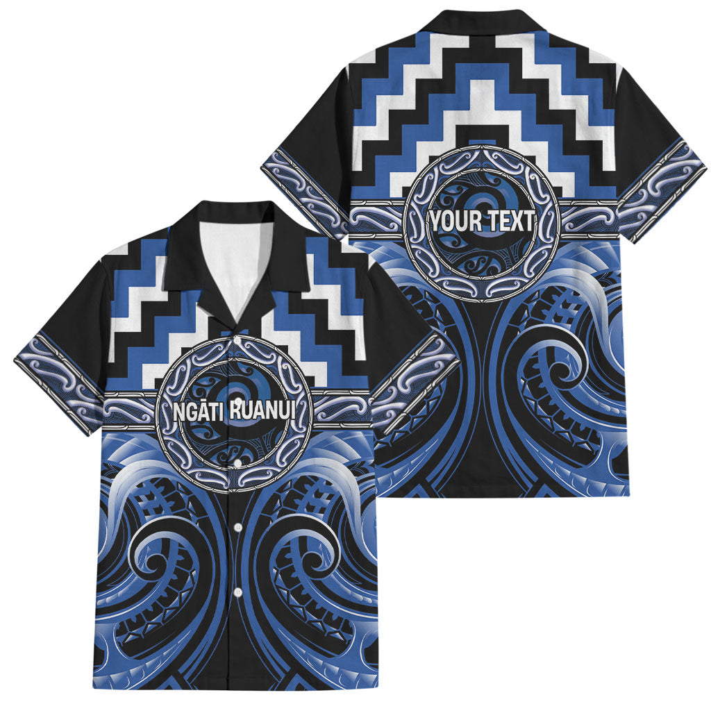 Aotearoa Ngati Ruanui Personalised Family Matching Puletasi and Hawaiian Shirt Maori Iwi Poutama Puhoro Tattoo LT14 Dad's Shirt - Short Sleeve Blue - Polynesian Pride