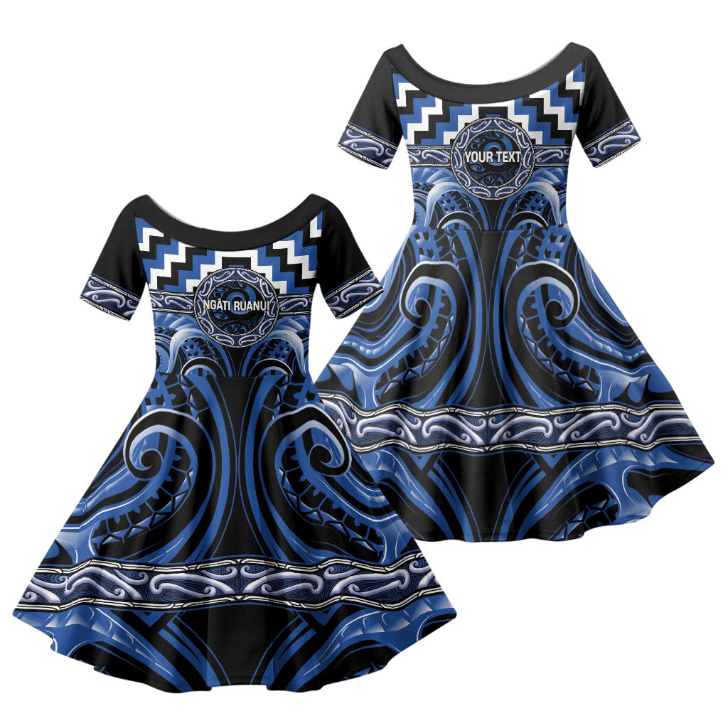 Aotearoa Ngati Ruanui Personalised Family Matching Summer Maxi Dress and Hawaiian Shirt Maori Iwi Poutama Puhoro Tattoo LT14 Daughter's Dress Blue - Polynesian Pride