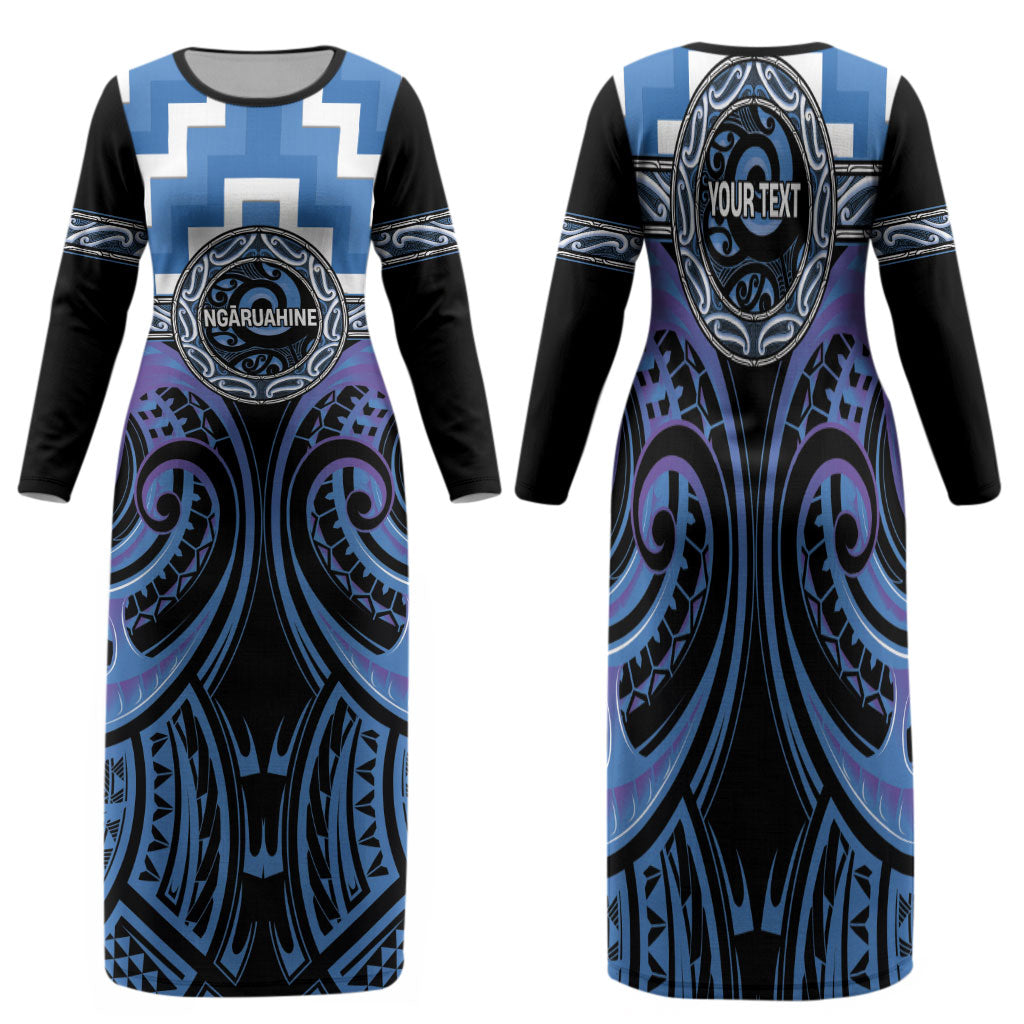 Aotearoa Ngaruahine Personalised Family Matching Long Sleeve Bodycon Dress and Hawaiian Shirt Maori Iwi Poutama Puhoro Tattoo LT14 Mom's Dress Blue - Polynesian Pride