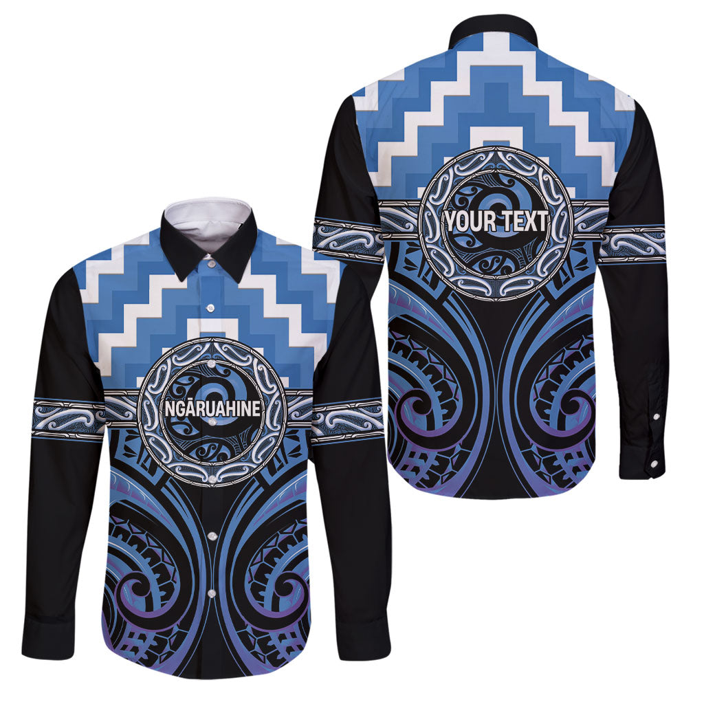 Aotearoa Ngaruahine Personalised Family Matching Long Sleeve Bodycon Dress and Hawaiian Shirt Maori Iwi Poutama Puhoro Tattoo LT14 Dad's Shirt - Long Sleeve Blue - Polynesian Pride