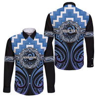 Aotearoa Ngaruahine Personalised Family Matching Mermaid Dress and Hawaiian Shirt Maori Iwi Poutama Puhoro Tattoo LT14 Dad's Shirt - Long Sleeve Blue - Polynesian Pride