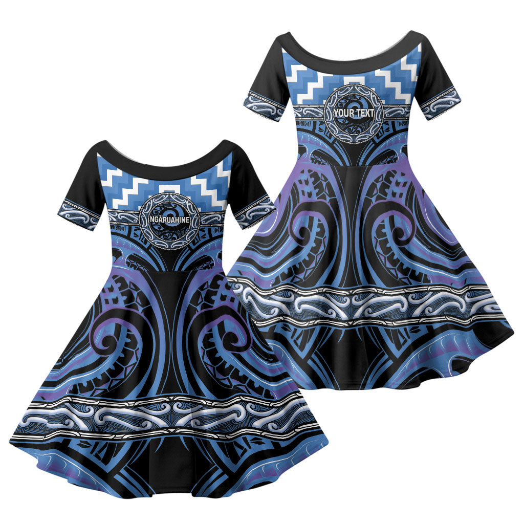 Aotearoa Ngaruahine Personalised Family Matching Off The Shoulder Long Sleeve Dress and Hawaiian Shirt Maori Iwi Poutama Puhoro Tattoo LT14 Daughter's Dress Blue - Polynesian Pride