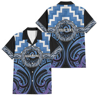 Aotearoa Ngaruahine Personalised Family Matching Off Shoulder Maxi Dress and Hawaiian Shirt Maori Iwi Poutama Puhoro Tattoo LT14 Dad's Shirt - Short Sleeve Blue - Polynesian Pride