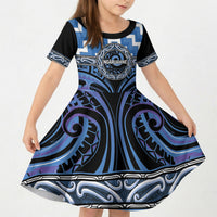 Aotearoa Ngaruahine Personalised Kid Short Sleeve Dress Maori Iwi Poutama Puhoro Tattoo LT14 KID Blue - Polynesian Pride
