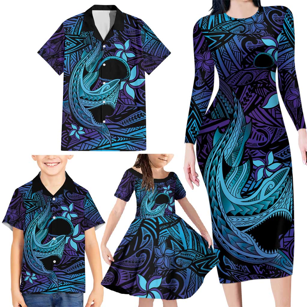 Nukuoro Atoll Family Matching Long Sleeve Bodycon Dress and Hawaiian Shirt Polynesian Shark Tattoo Purple Gradient Vibes LT14 - Polynesian Pride