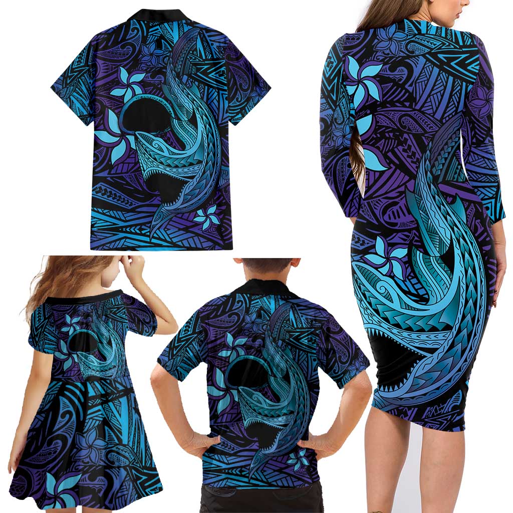 Nukuoro Atoll Family Matching Long Sleeve Bodycon Dress and Hawaiian Shirt Polynesian Shark Tattoo Purple Gradient Vibes LT14 - Polynesian Pride