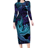 Nukuoro Atoll Family Matching Long Sleeve Bodycon Dress and Hawaiian Shirt Polynesian Shark Tattoo Purple Gradient Vibes LT14 Mom's Dress Purple - Polynesian Pride