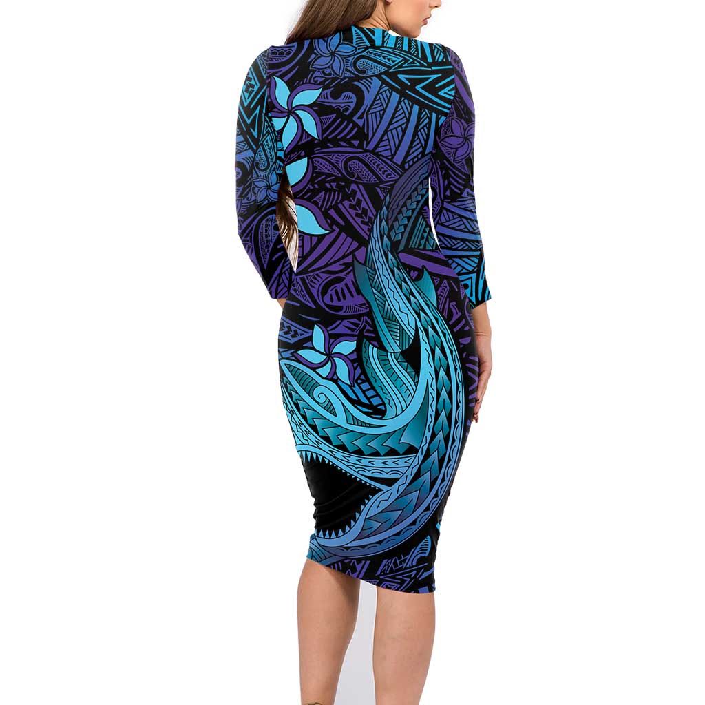 Nukuoro Atoll Family Matching Long Sleeve Bodycon Dress and Hawaiian Shirt Polynesian Shark Tattoo Purple Gradient Vibes LT14 - Polynesian Pride