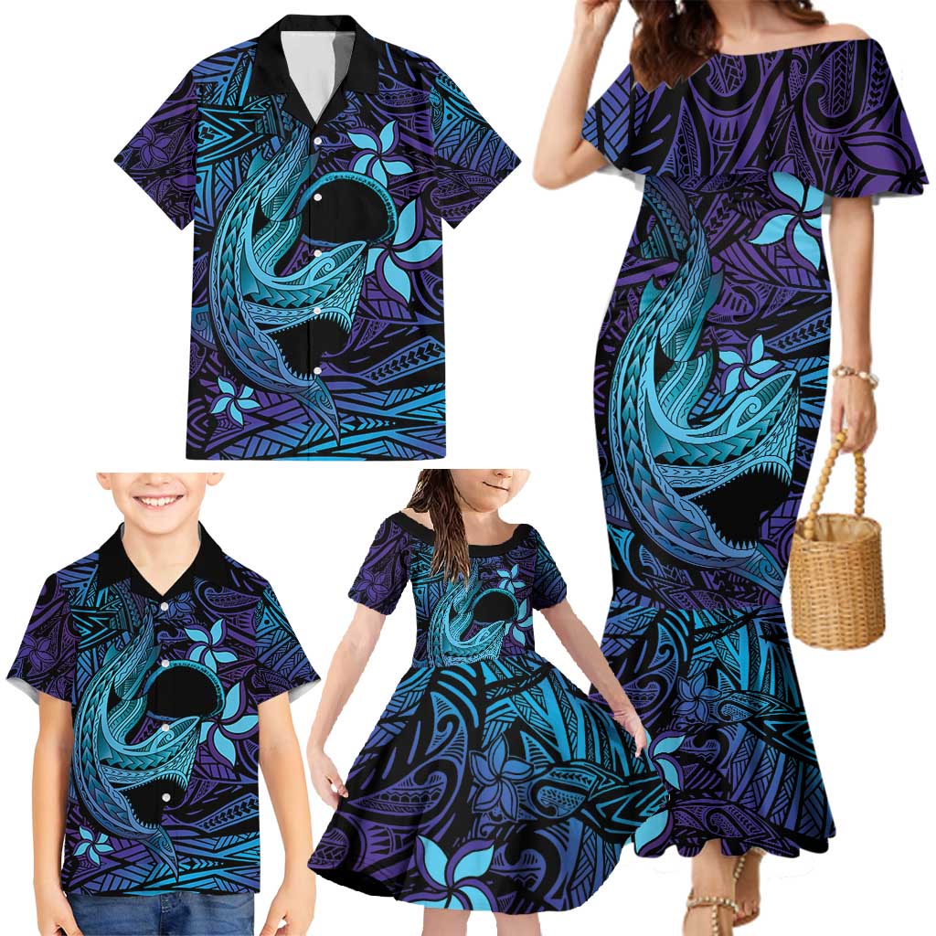 Nukuoro Atoll Family Matching Mermaid Dress and Hawaiian Shirt Polynesian Shark Tattoo Purple Gradient Vibes LT14 - Polynesian Pride