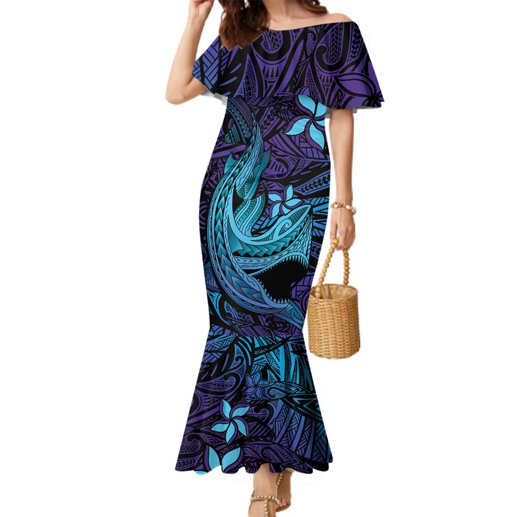 Nukuoro Atoll Family Matching Mermaid Dress and Hawaiian Shirt Polynesian Shark Tattoo Purple Gradient Vibes LT14 Mom's Dress Purple - Polynesian Pride