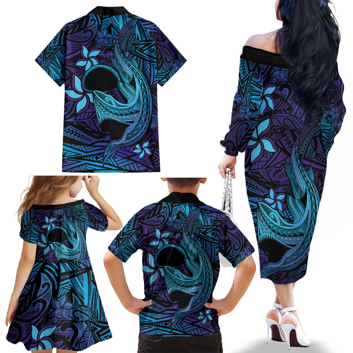 Nukuoro Atoll Family Matching Off The Shoulder Long Sleeve Dress and Hawaiian Shirt Polynesian Shark Tattoo Purple Gradient Vibes LT14 - Polynesian Pride