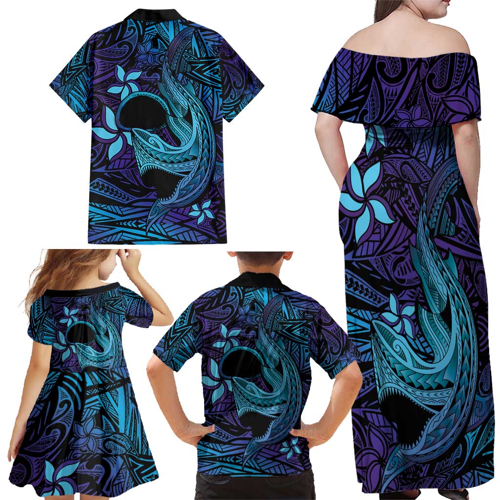 Nukuoro Atoll Family Matching Off Shoulder Maxi Dress and Hawaiian Shirt Polynesian Shark Tattoo Purple Gradient Vibes LT14 - Polynesian Pride