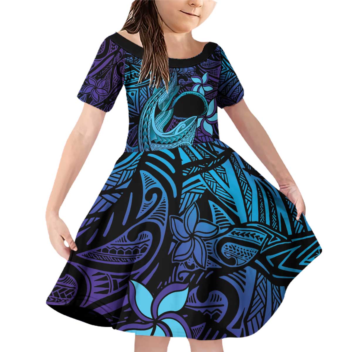 Nukuoro Atoll Family Matching Off Shoulder Short Dress and Hawaiian Shirt Polynesian Shark Tattoo Purple Gradient Vibes LT14 Daughter's Dress Purple - Polynesian Pride