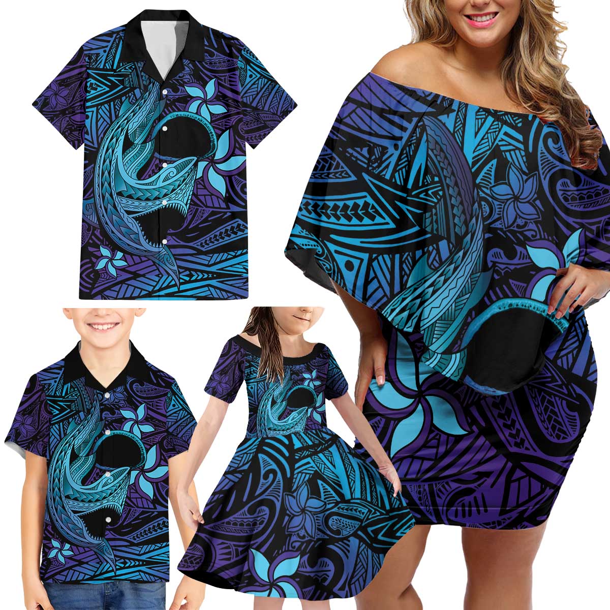 Nukuoro Atoll Family Matching Off Shoulder Short Dress and Hawaiian Shirt Polynesian Shark Tattoo Purple Gradient Vibes LT14 - Polynesian Pride