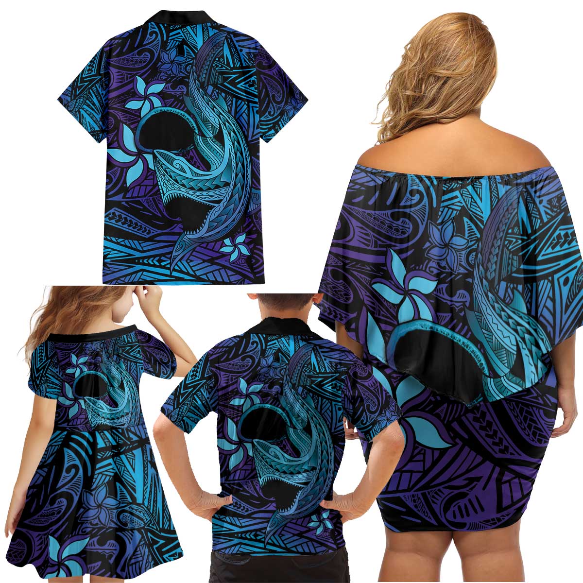 Nukuoro Atoll Family Matching Off Shoulder Short Dress and Hawaiian Shirt Polynesian Shark Tattoo Purple Gradient Vibes LT14 - Polynesian Pride