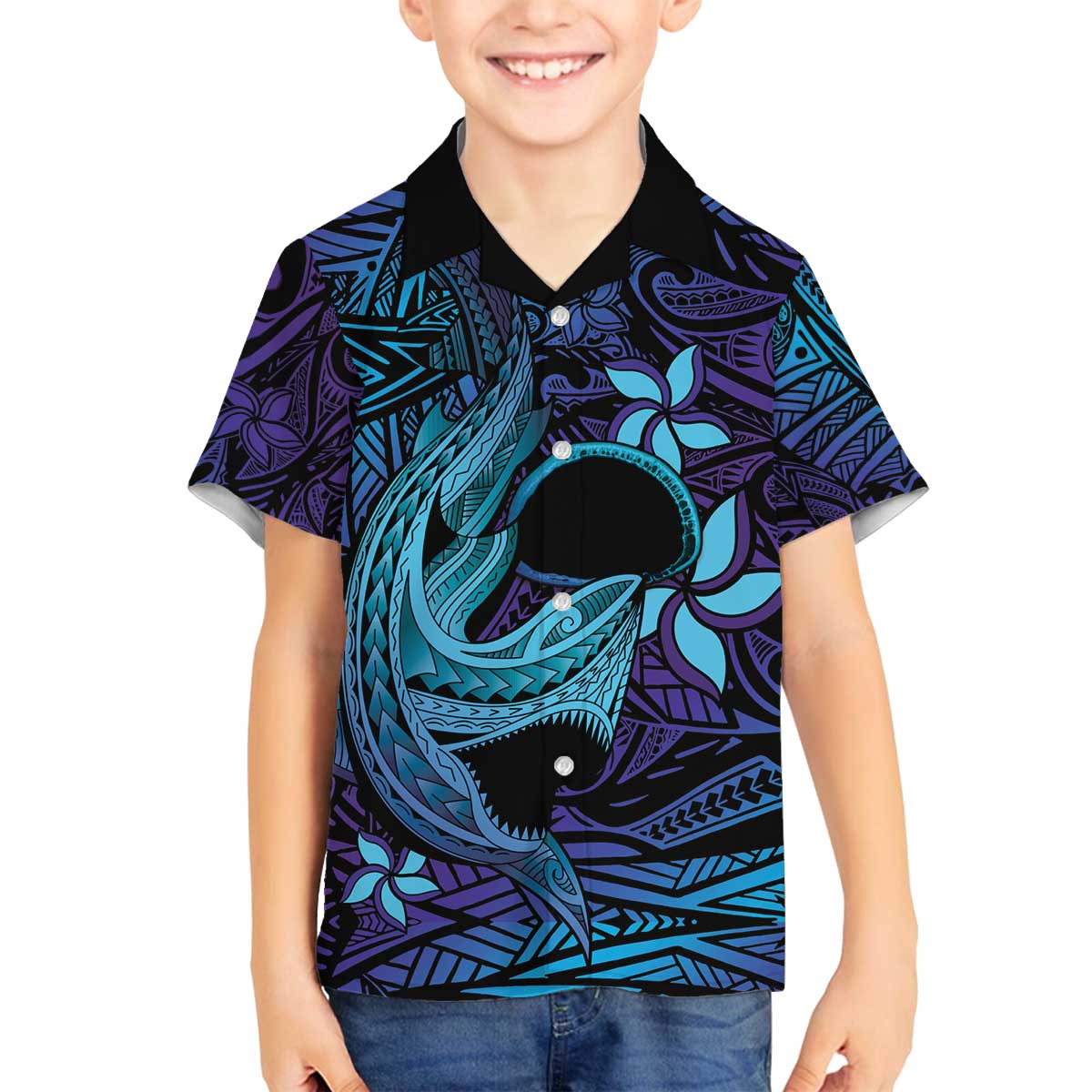 Nukuoro Atoll Family Matching Off Shoulder Short Dress and Hawaiian Shirt Polynesian Shark Tattoo Purple Gradient Vibes LT14 Son's Shirt Purple - Polynesian Pride