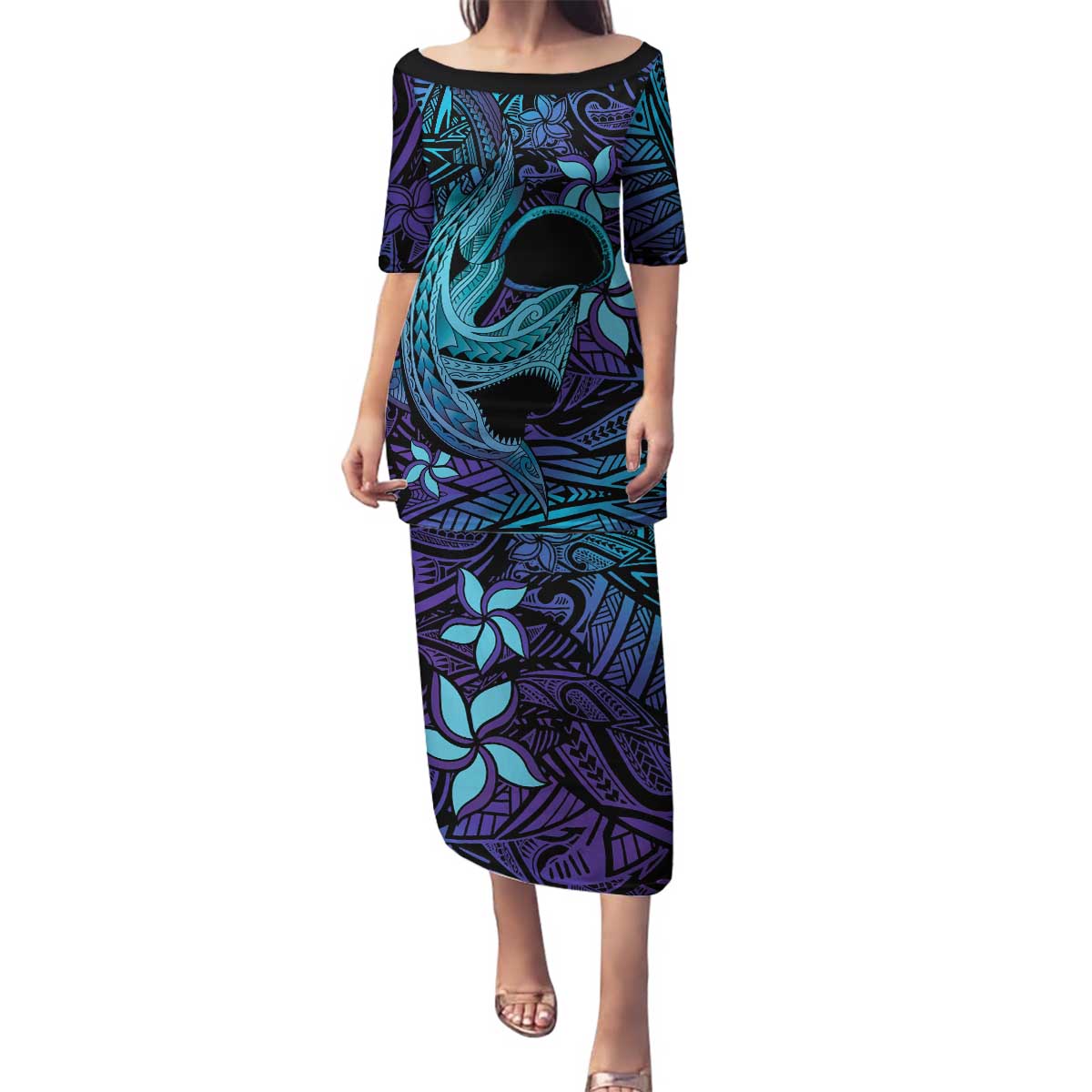 Nukuoro Atoll Family Matching Puletasi and Hawaiian Shirt Polynesian Shark Tattoo Purple Gradient Vibes LT14 Mom's Dress Purple - Polynesian Pride
