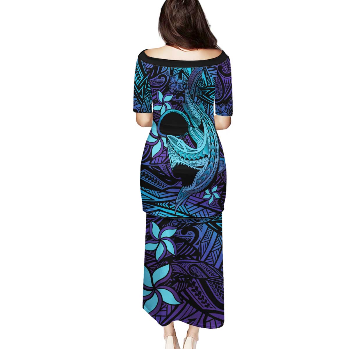 Nukuoro Atoll Family Matching Puletasi and Hawaiian Shirt Polynesian Shark Tattoo Purple Gradient Vibes LT14 - Polynesian Pride