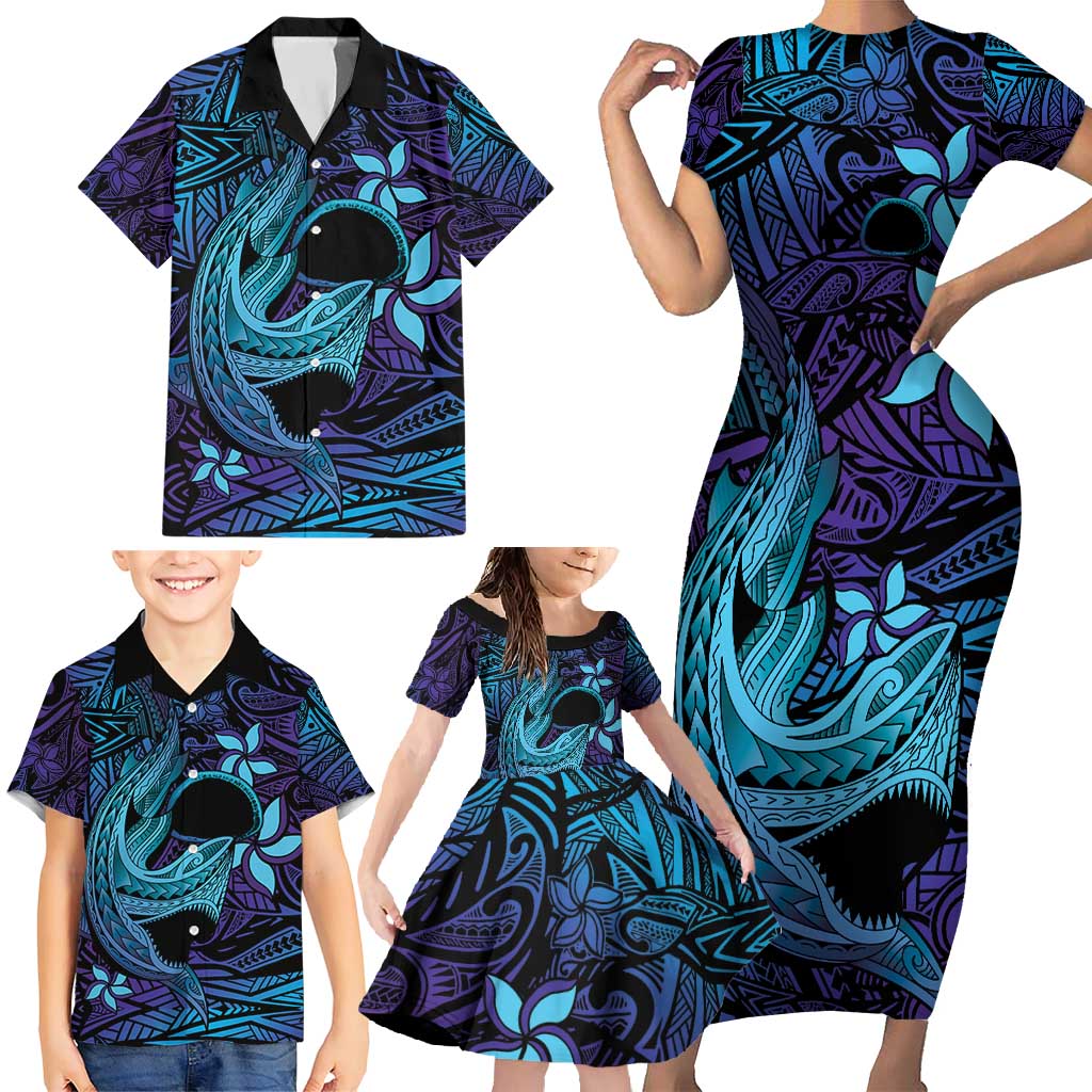 Nukuoro Atoll Family Matching Short Sleeve Bodycon Dress and Hawaiian Shirt Polynesian Shark Tattoo Purple Gradient Vibes LT14 - Polynesian Pride