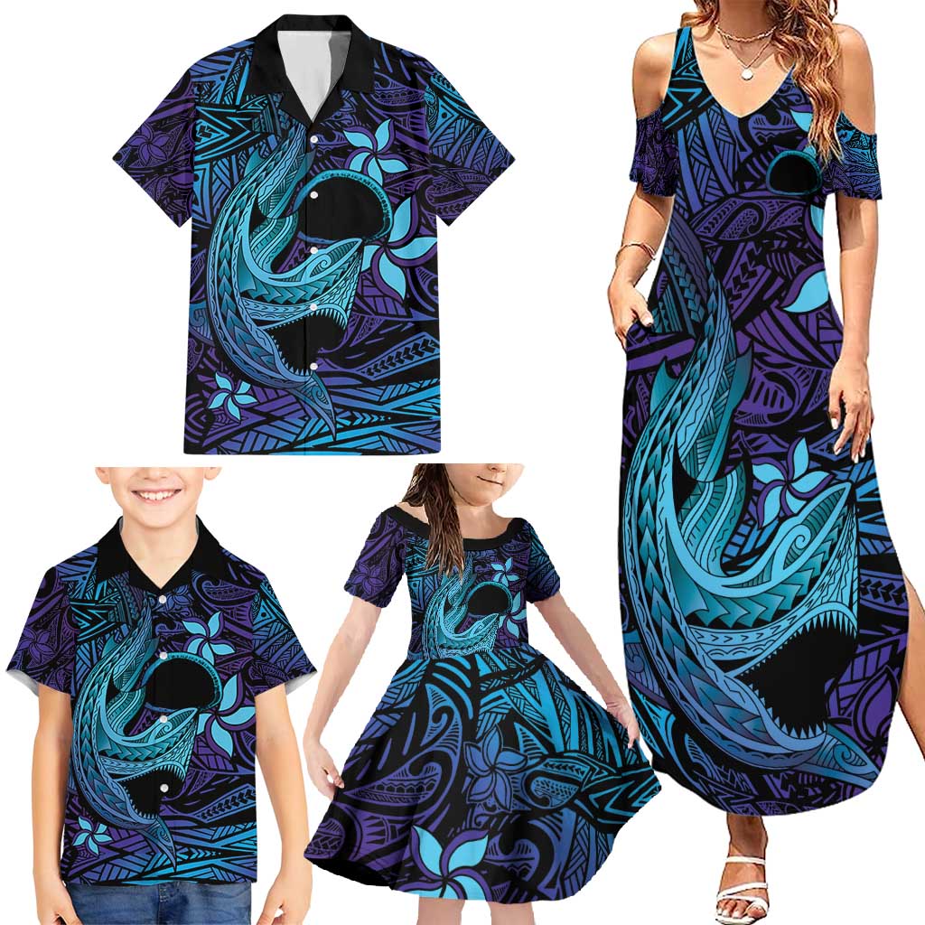 Nukuoro Atoll Family Matching Summer Maxi Dress and Hawaiian Shirt Polynesian Shark Tattoo Purple Gradient Vibes LT14 - Polynesian Pride