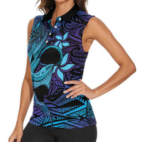 Nukuoro Atoll Women Sleeveless Polo Shirt Polynesian Shark Tattoo Purple Gradient Vibes