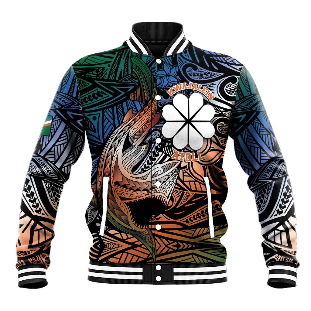 Personalised Kwajalein Atoll Baseball Jacket Polynesian Shark Tattoo Gradient Vibes