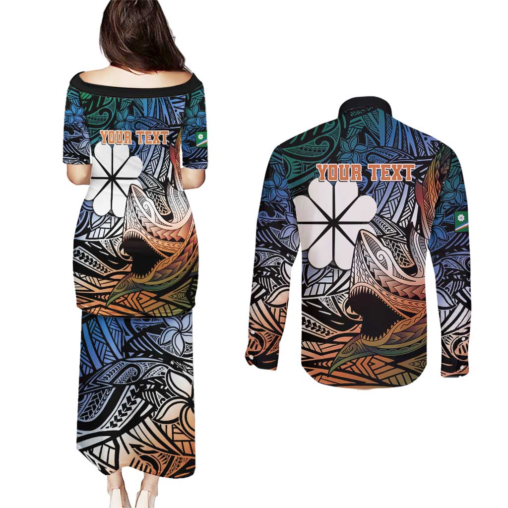 Personalised Kwajalein Atoll Couples Matching Puletasi and Long Sleeve Button Shirt Polynesian Shark Tattoo Gradient Vibes