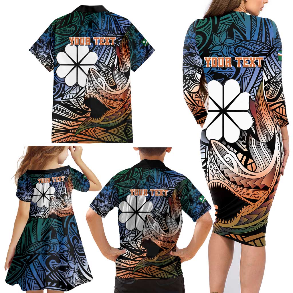 Personalised Kwajalein Atoll Family Matching Long Sleeve Bodycon Dress and Hawaiian Shirt Polynesian Shark Tattoo Gradient Vibes LT14 - Polynesian Pride