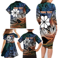 Personalised Kwajalein Atoll Family Matching Long Sleeve Bodycon Dress and Hawaiian Shirt Polynesian Shark Tattoo Gradient Vibes LT14 - Polynesian Pride