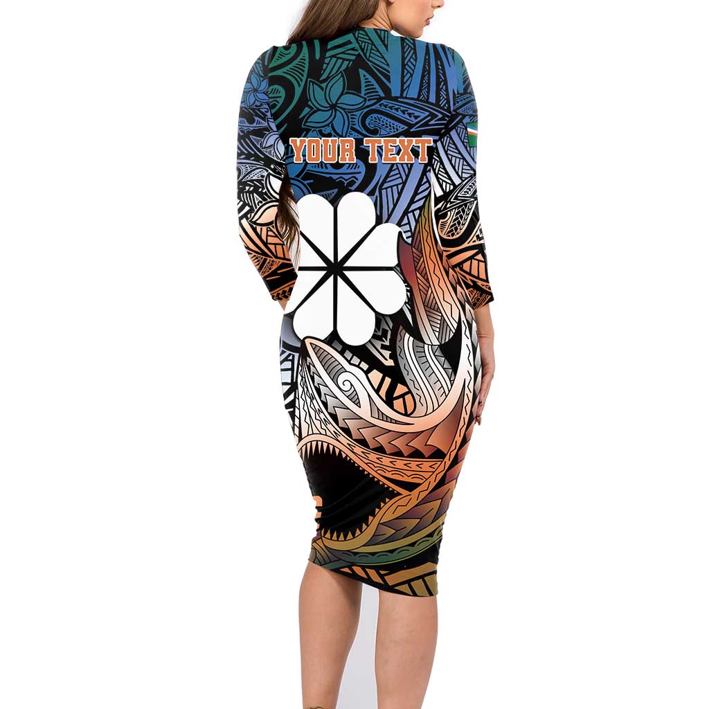 Personalised Kwajalein Atoll Family Matching Long Sleeve Bodycon Dress and Hawaiian Shirt Polynesian Shark Tattoo Gradient Vibes LT14 - Polynesian Pride