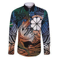 Personalised Kwajalein Atoll Family Matching Mermaid Dress and Hawaiian Shirt Polynesian Shark Tattoo Gradient Vibes LT14 Dad's Shirt - Long Sleeve Black - Polynesian Pride
