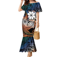 Personalised Kwajalein Atoll Family Matching Mermaid Dress and Hawaiian Shirt Polynesian Shark Tattoo Gradient Vibes LT14 Mom's Dress Black - Polynesian Pride