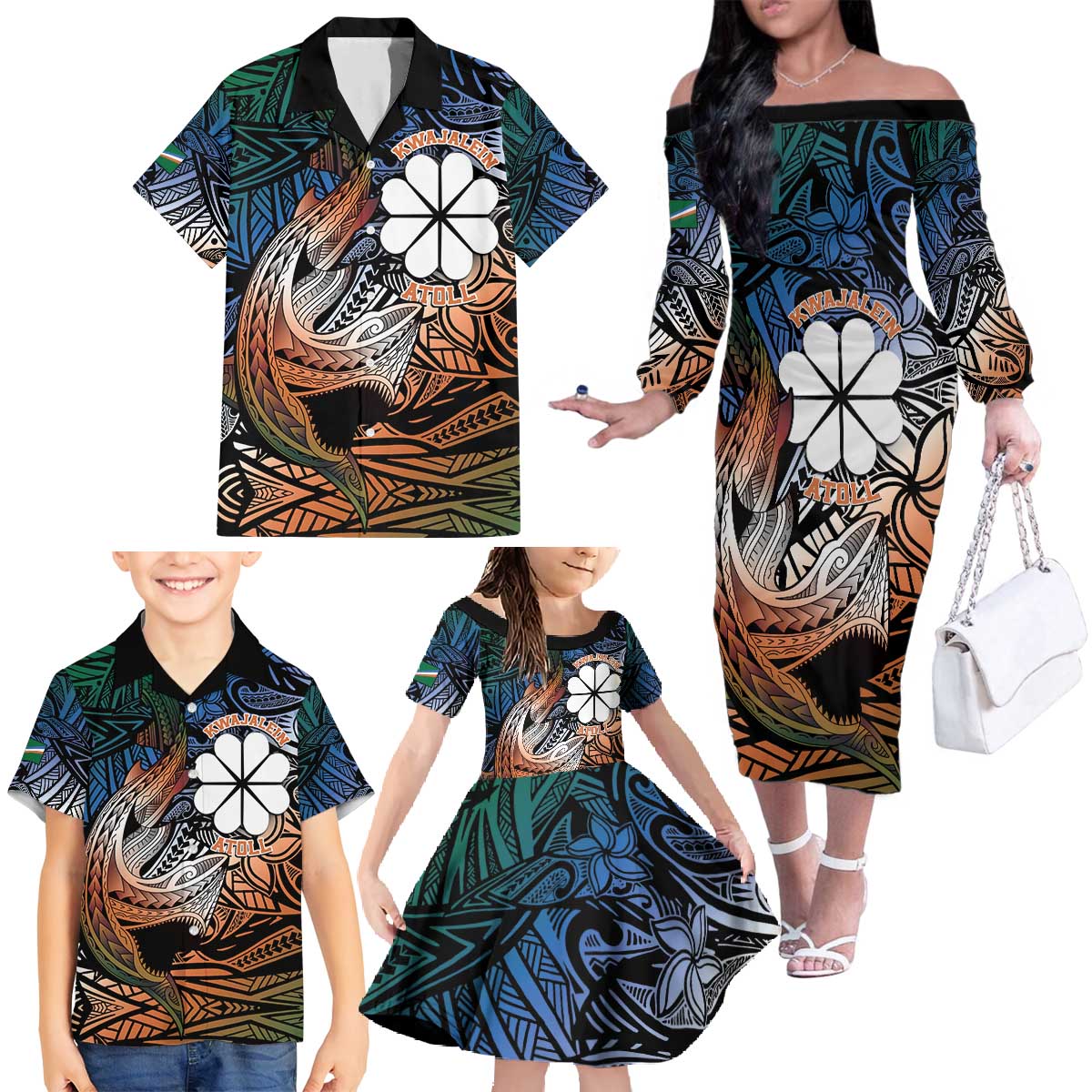 Personalised Kwajalein Atoll Family Matching Off The Shoulder Long Sleeve Dress and Hawaiian Shirt Polynesian Shark Tattoo Gradient Vibes LT14 - Polynesian Pride