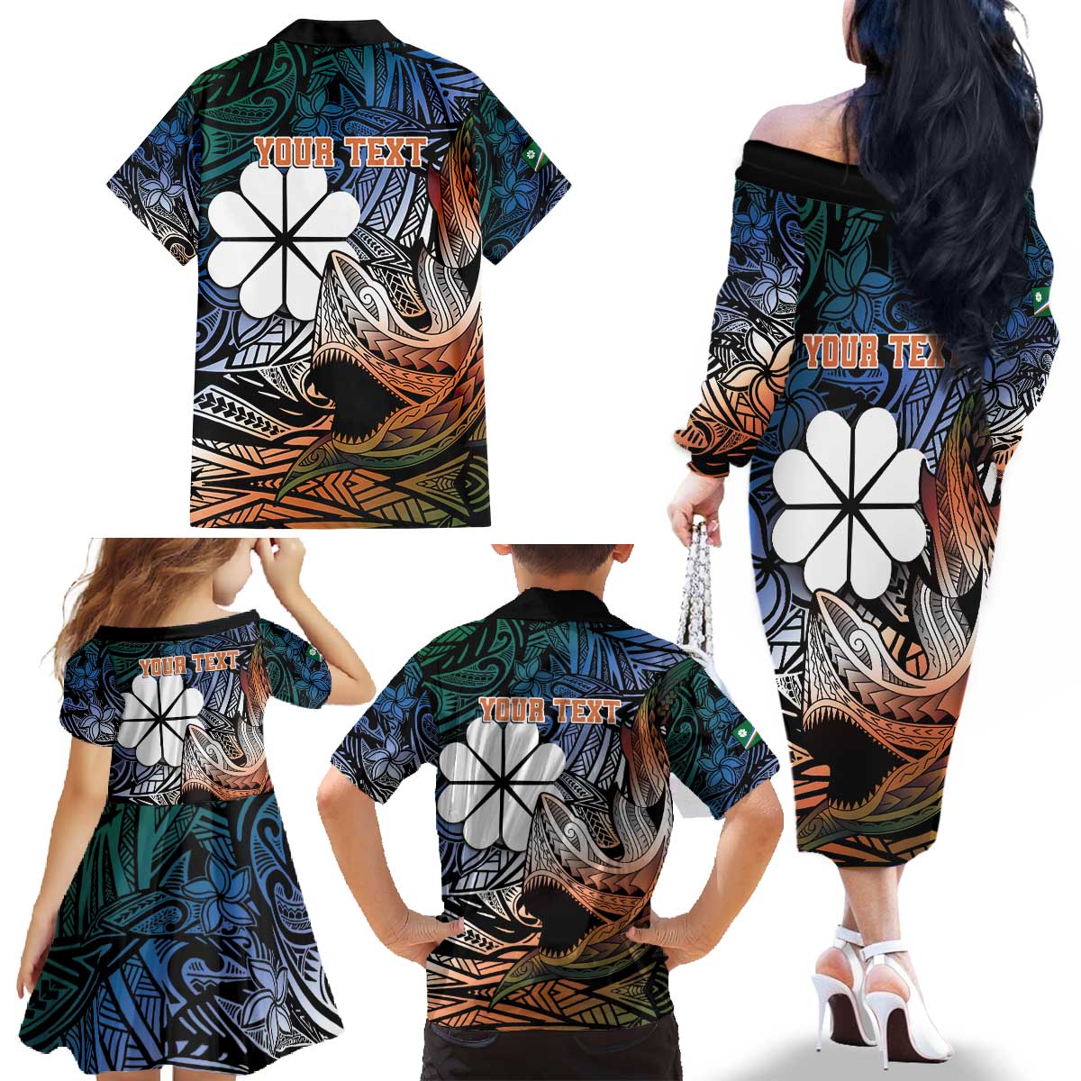 Personalised Kwajalein Atoll Family Matching Off The Shoulder Long Sleeve Dress and Hawaiian Shirt Polynesian Shark Tattoo Gradient Vibes LT14 - Polynesian Pride
