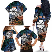 Personalised Kwajalein Atoll Family Matching Off The Shoulder Long Sleeve Dress and Hawaiian Shirt Polynesian Shark Tattoo Gradient Vibes LT14 - Polynesian Pride