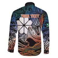 Personalised Kwajalein Atoll Family Matching Off The Shoulder Long Sleeve Dress and Hawaiian Shirt Polynesian Shark Tattoo Gradient Vibes LT14 - Polynesian Pride