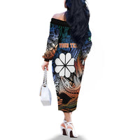 Personalised Kwajalein Atoll Family Matching Off The Shoulder Long Sleeve Dress and Hawaiian Shirt Polynesian Shark Tattoo Gradient Vibes LT14 - Polynesian Pride
