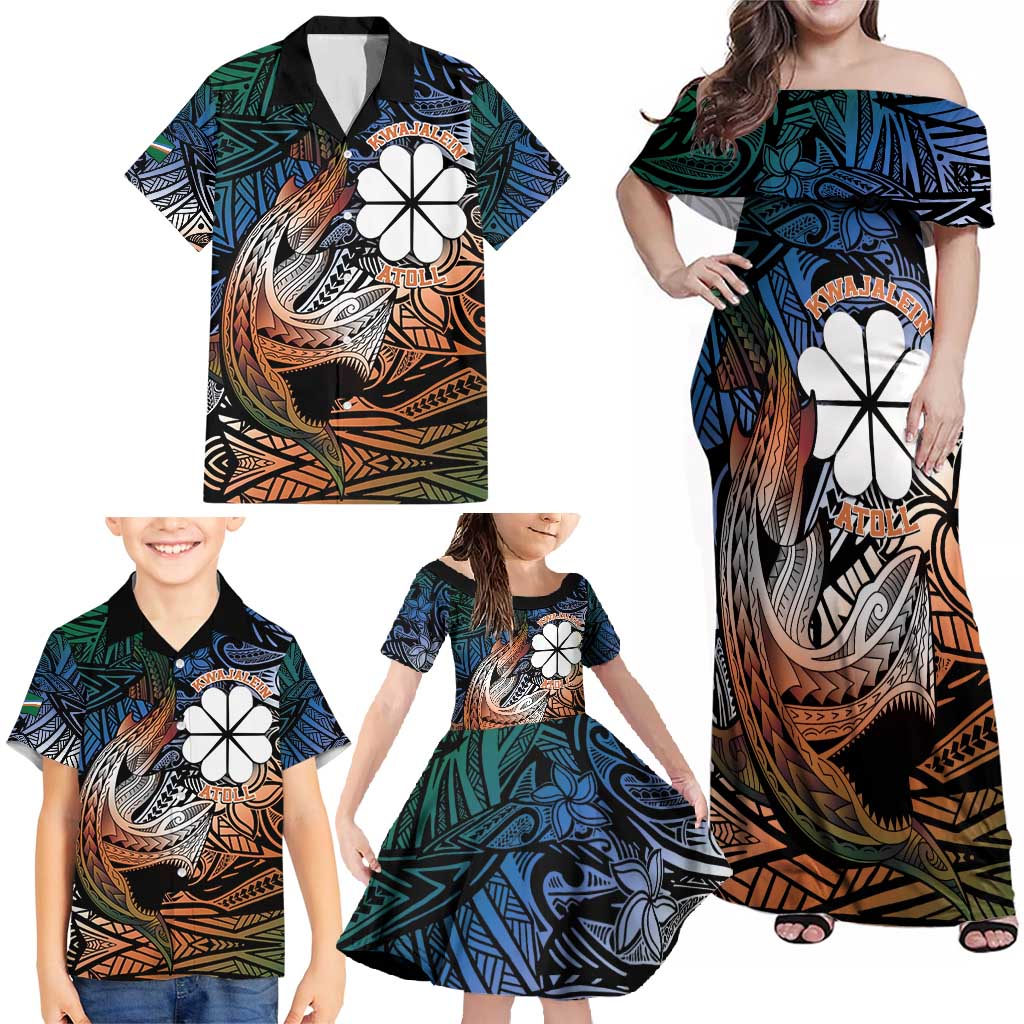 Personalised Kwajalein Atoll Family Matching Off Shoulder Maxi Dress and Hawaiian Shirt Polynesian Shark Tattoo Gradient Vibes LT14 - Polynesian Pride