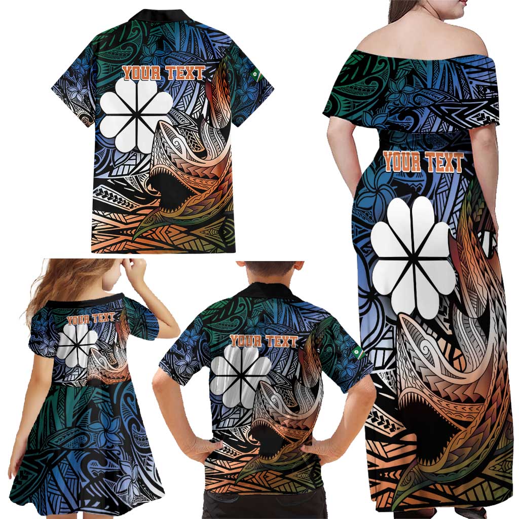 Personalised Kwajalein Atoll Family Matching Off Shoulder Maxi Dress and Hawaiian Shirt Polynesian Shark Tattoo Gradient Vibes LT14 - Polynesian Pride