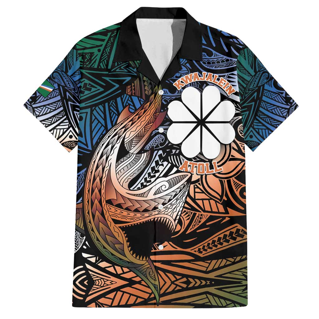 Personalised Kwajalein Atoll Family Matching Off Shoulder Maxi Dress and Hawaiian Shirt Polynesian Shark Tattoo Gradient Vibes LT14 Dad's Shirt - Short Sleeve Black - Polynesian Pride