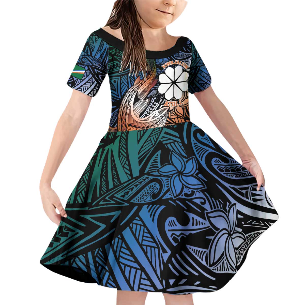 Personalised Kwajalein Atoll Family Matching Off Shoulder Short Dress and Hawaiian Shirt Polynesian Shark Tattoo Gradient Vibes LT14 Daughter's Dress Black - Polynesian Pride
