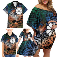 Personalised Kwajalein Atoll Family Matching Off Shoulder Short Dress and Hawaiian Shirt Polynesian Shark Tattoo Gradient Vibes LT14 - Polynesian Pride