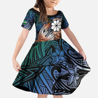 Personalised Kwajalein Atoll Family Matching Short Sleeve Bodycon Dress and Hawaiian Shirt Polynesian Shark Tattoo Gradient Vibes LT14 Daughter's Dress Black - Polynesian Pride