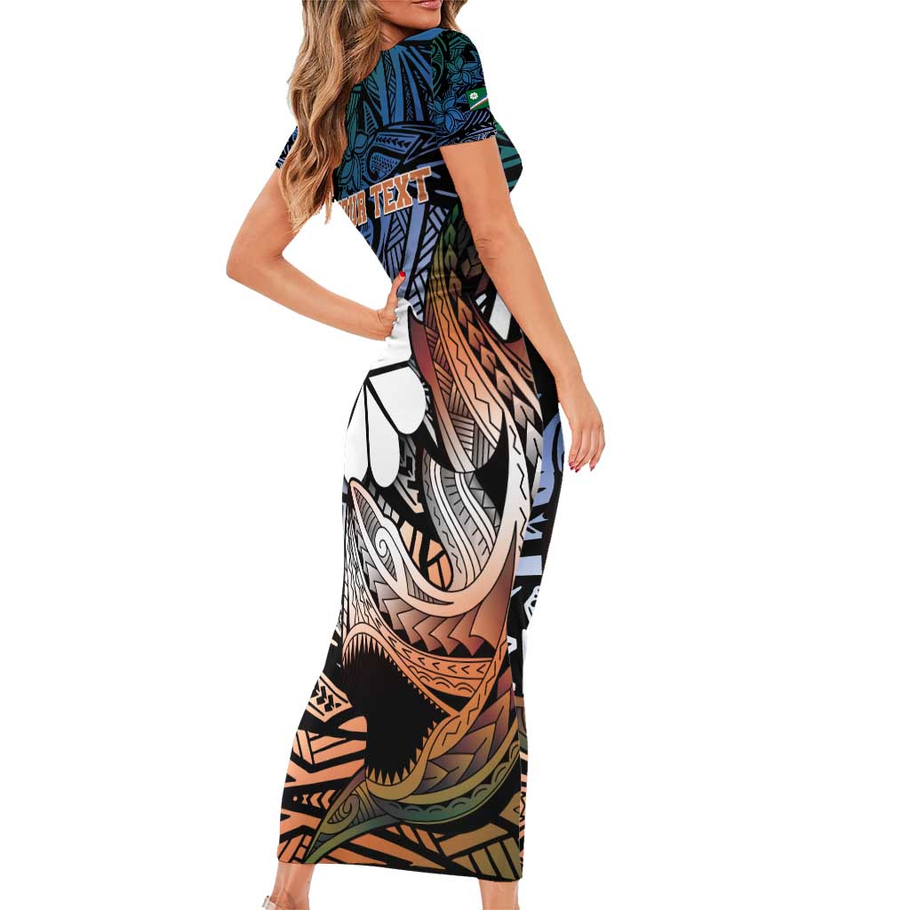 Personalised Kwajalein Atoll Family Matching Short Sleeve Bodycon Dress and Hawaiian Shirt Polynesian Shark Tattoo Gradient Vibes LT14 - Polynesian Pride